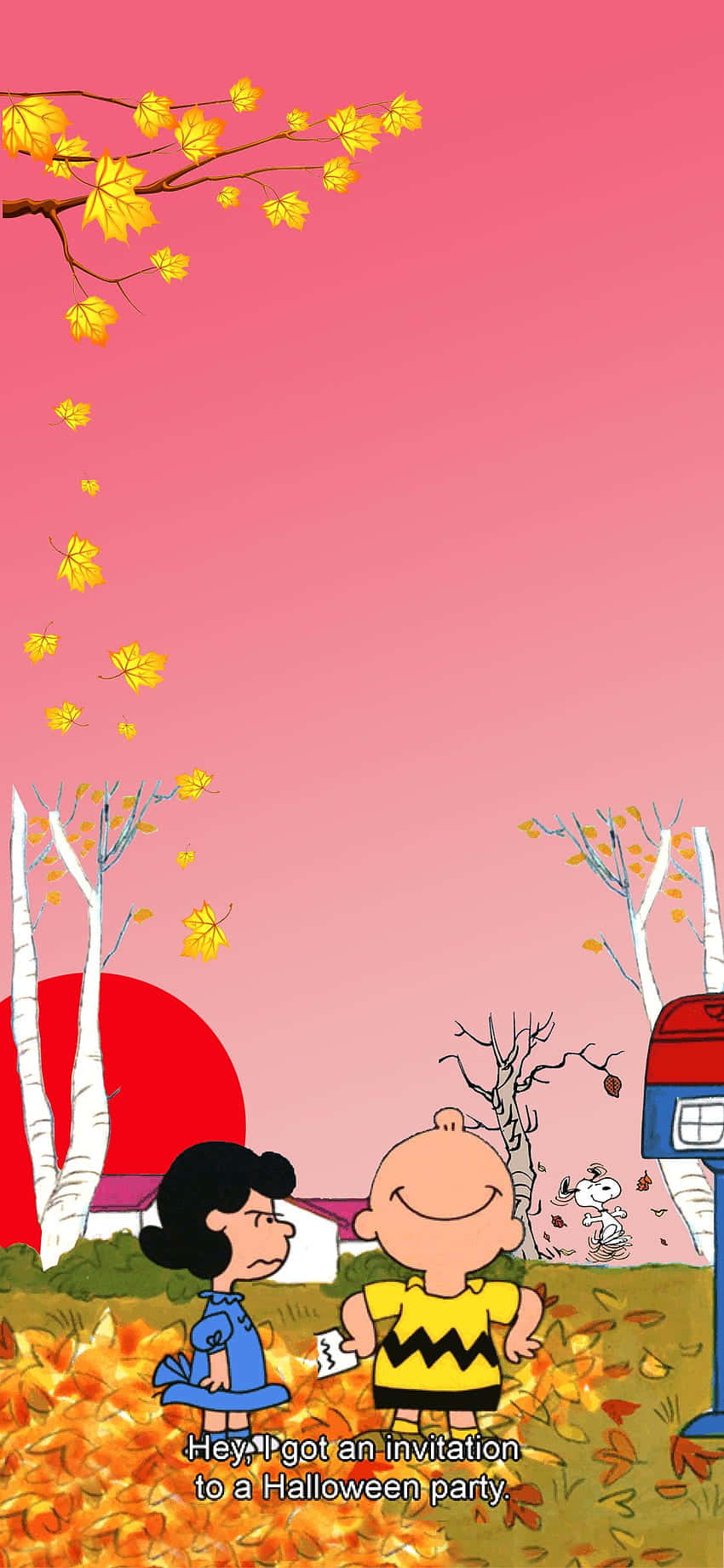 Peanuts角色在秋葉中，有飄落的黃葉和紅色的太陽。