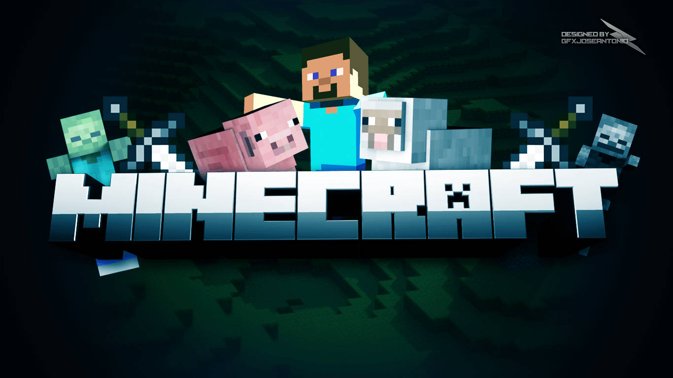 Minecraft遊戲標誌，帶有像素化角色如Steve、喪屍和豬人。 — 我的世界 壁紙