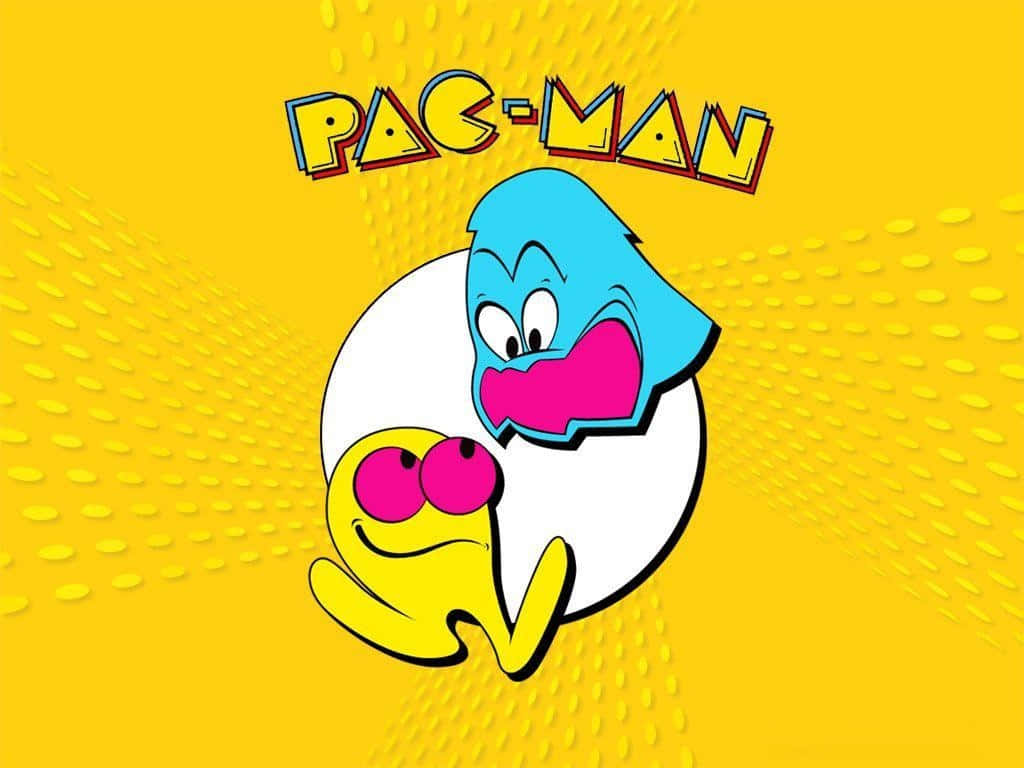 Pac-Man 同一個藍色鬼魂喺黃色點點背景上笑。