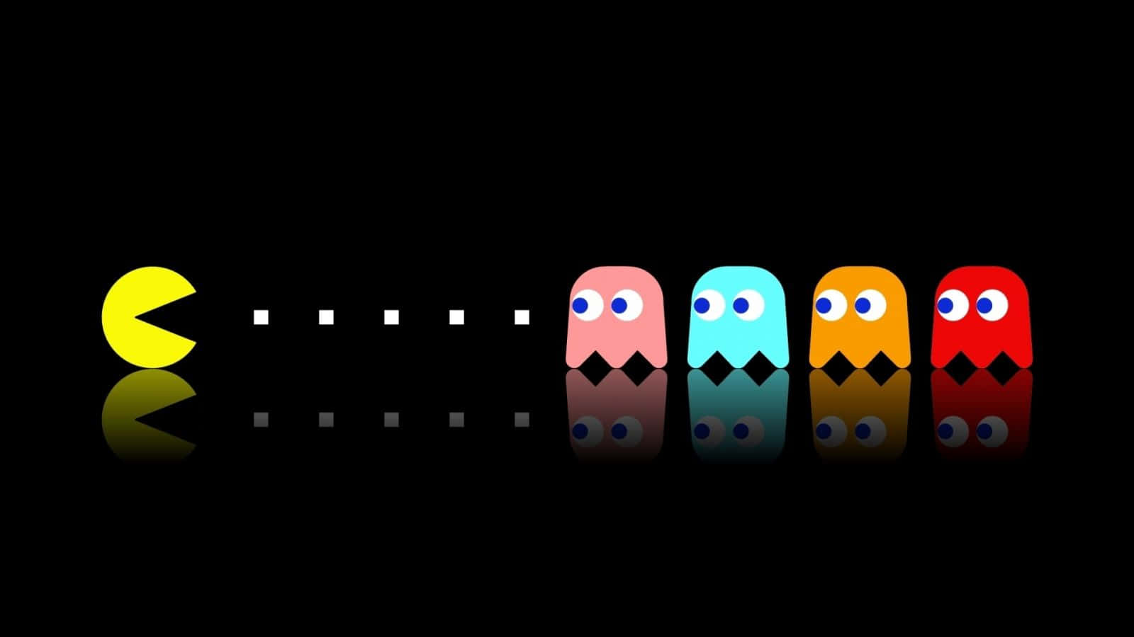 Pacman 與四個鬼魂在黑色背景上排成一排，帶反射