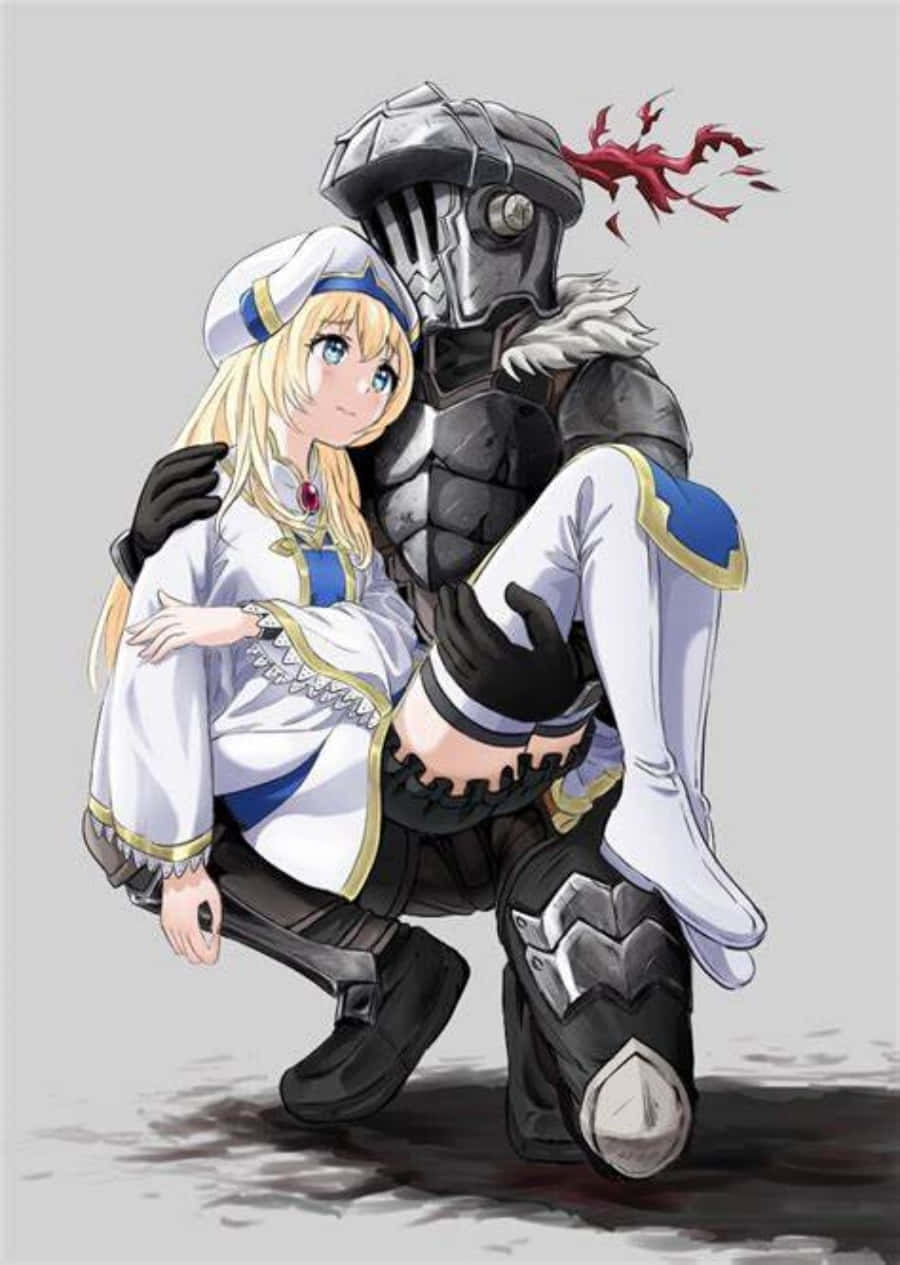 穿白色制服的動漫女孩擁抱頭盔爆出紅色能量的盔甲騎士。