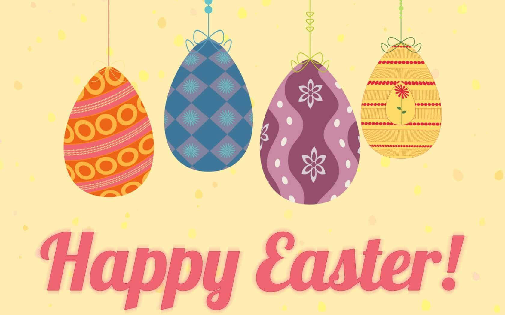 四個色彩繽紛的懸掛復活節彩蛋，帶有節日圖案和「Happy Easter!」文字。