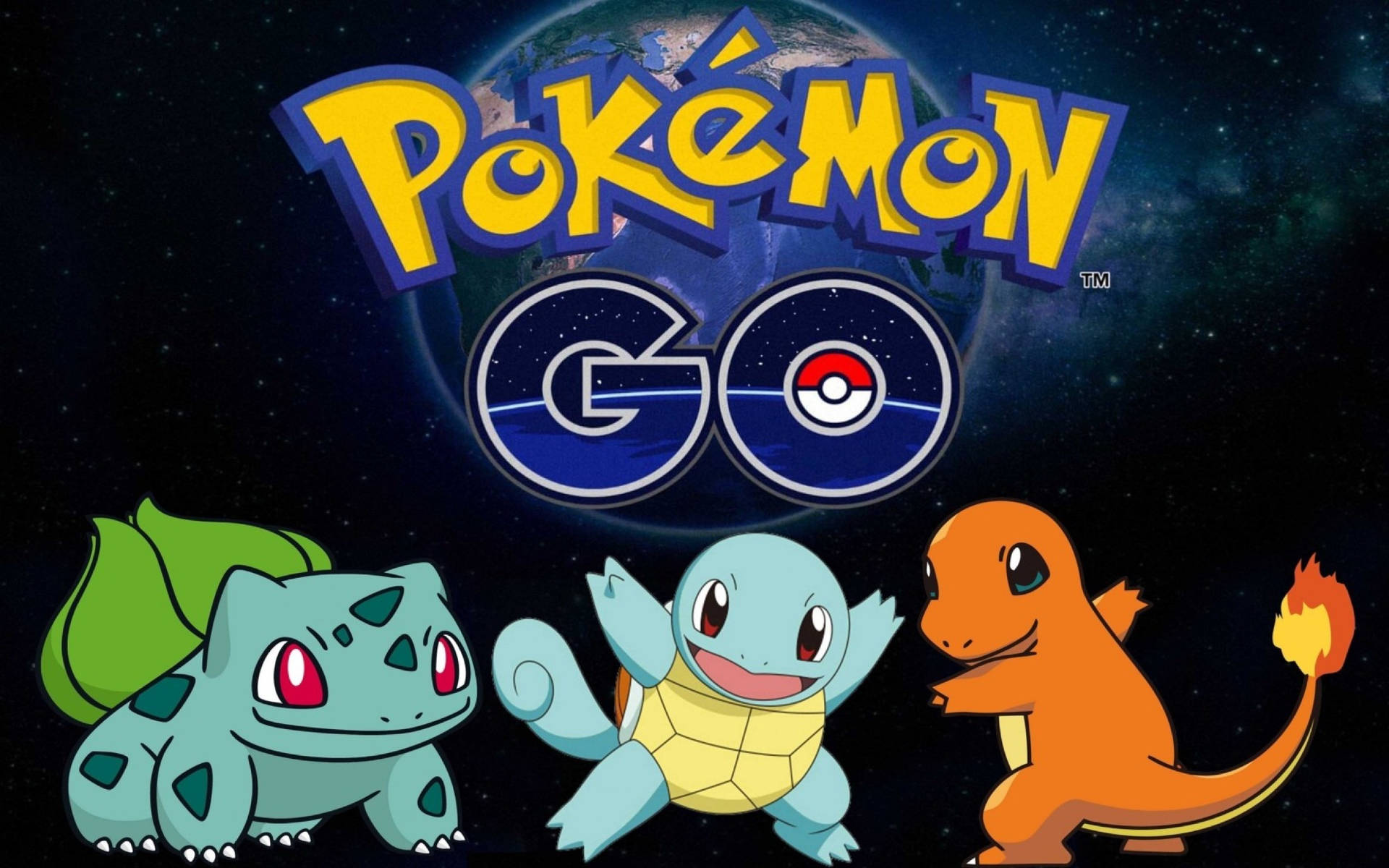 三隻寶可夢妙蛙種子、傑尼龜和小火龍在太空中的 Pokémon GO 標誌前