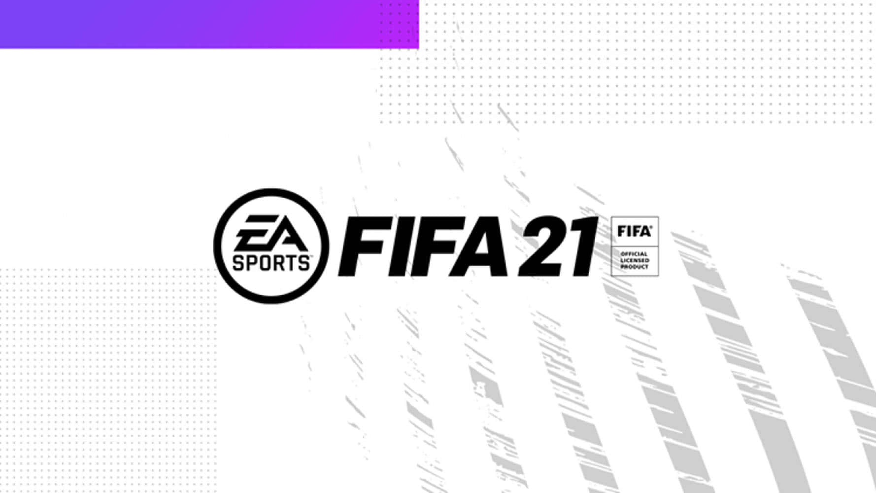 FIFA 21 電子遊戲標誌，帶有 EA Sports 品牌，白色背景，紫色和灰色點綴。