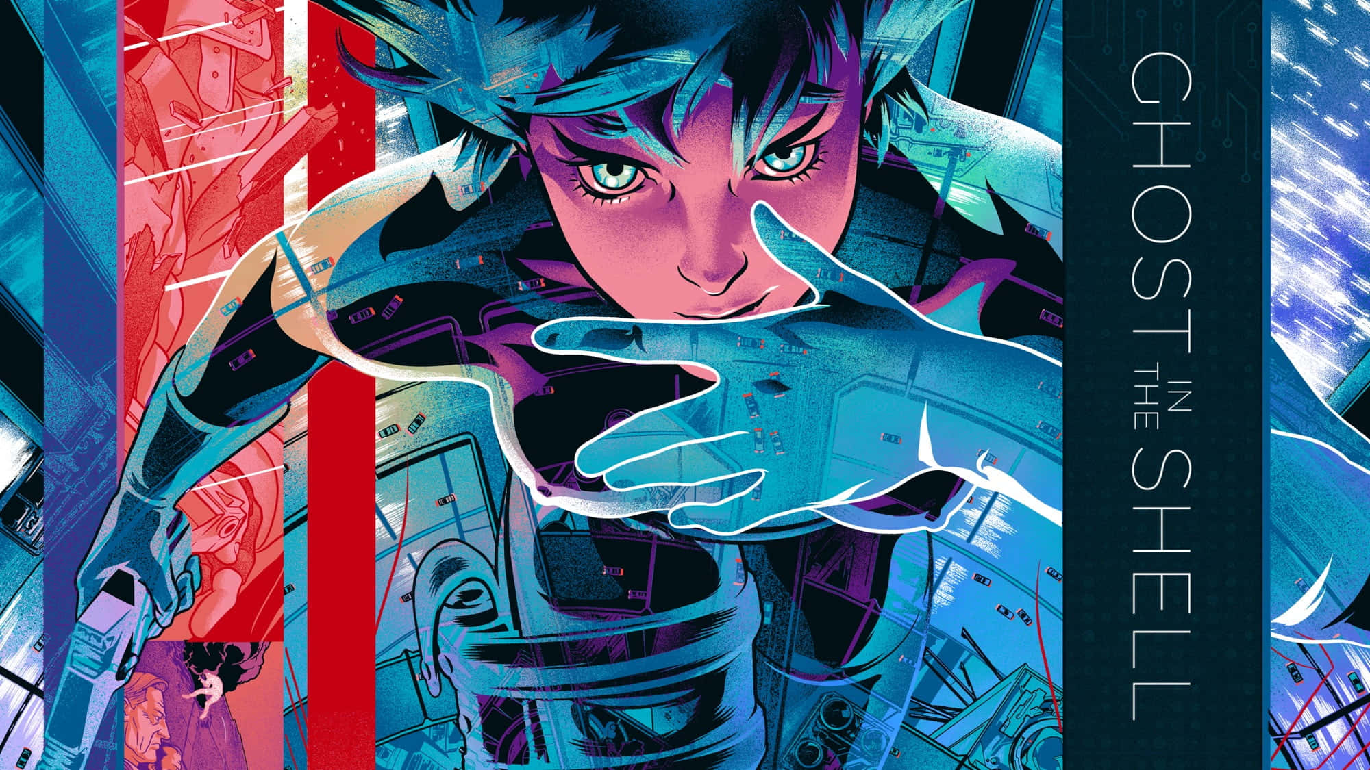 與大和撫子 Major Motoko Kusanagi 一同笑對危險 壁紙 — 一個擁有發光眼睛和機械義肢的賽博龐克動漫角色，在充滿活力的紅藍數位背景前伸手向前。