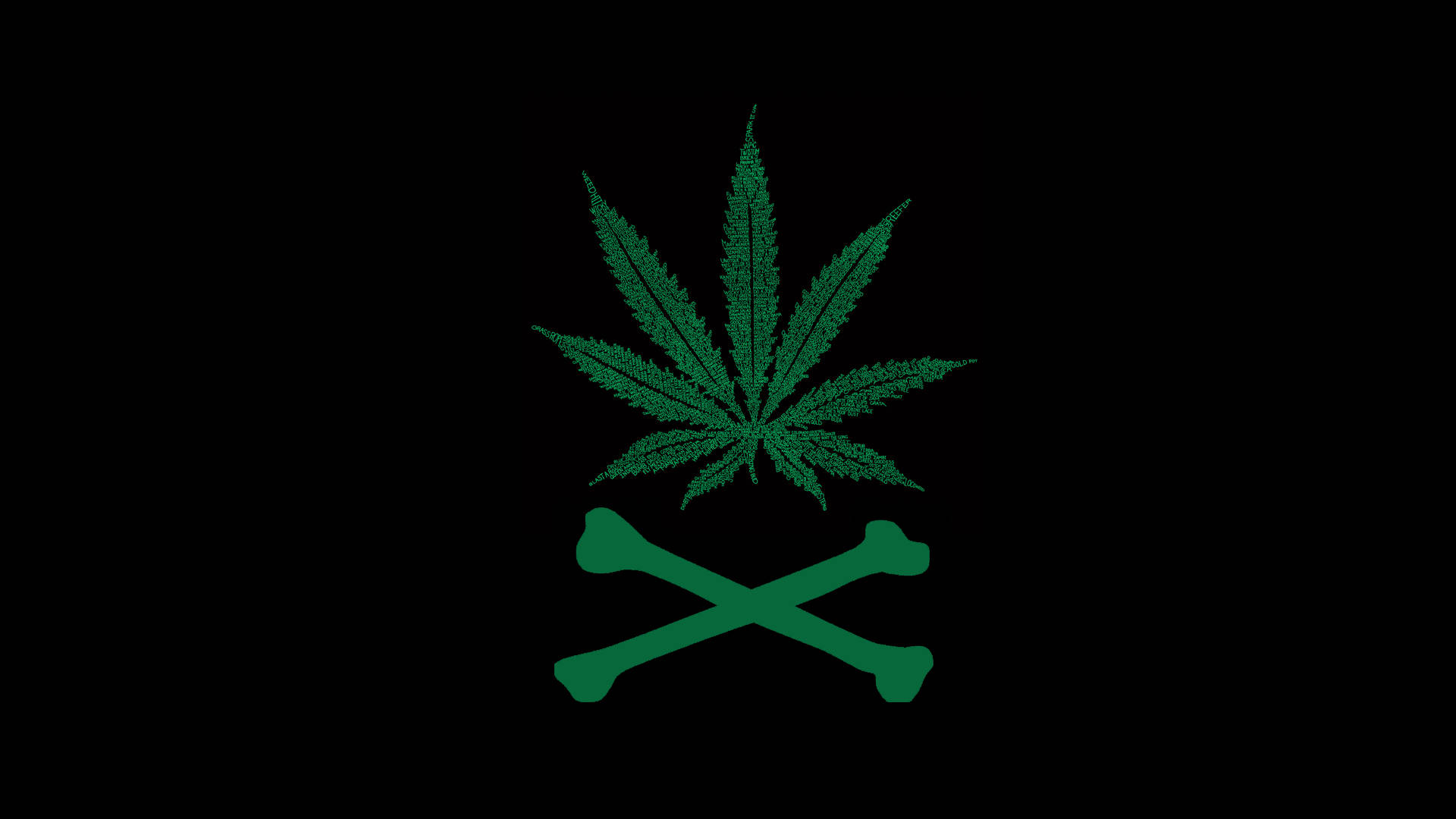 黑色背景上交叉骨頭之上的綠色大麻葉