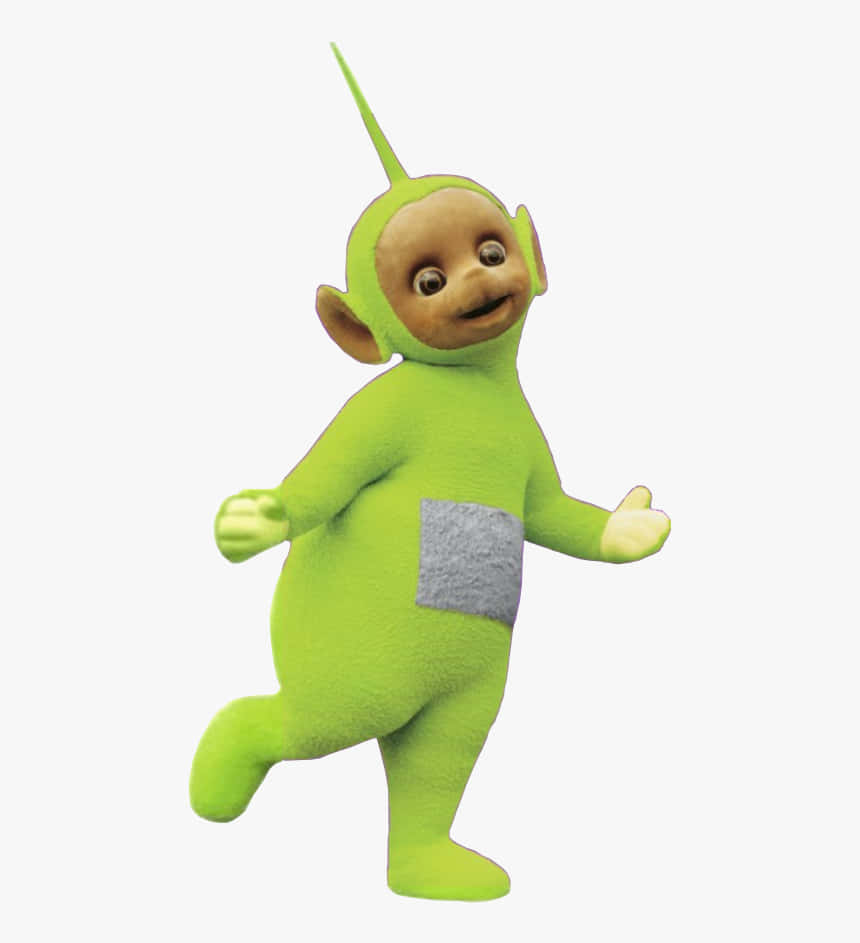 與天線寶寶一起享受戶外 壁紙 — 一個快樂的綠色Teletubby角色，肚子上有灰色斑點，長天線，快樂地奔跑。