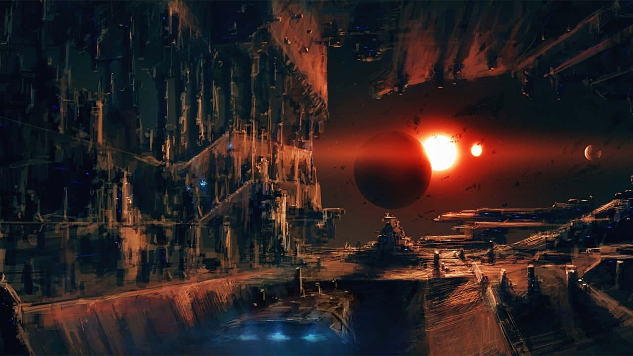 太空中一艘巨大的破損太空船，背景有兩個太陽和行星。