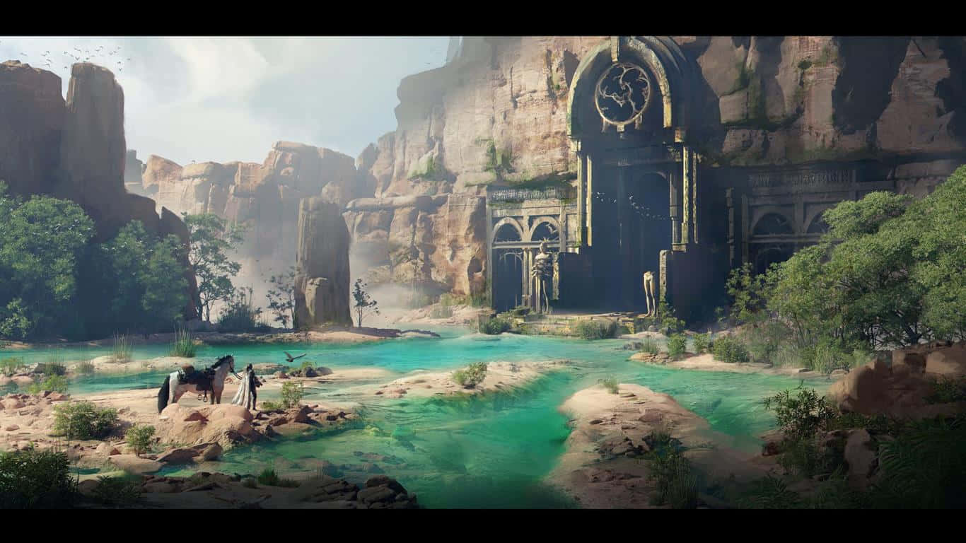 一位旅行者與馬站在發光的水池旁，前方是沙漠峽谷中的宏偉古老拱門。