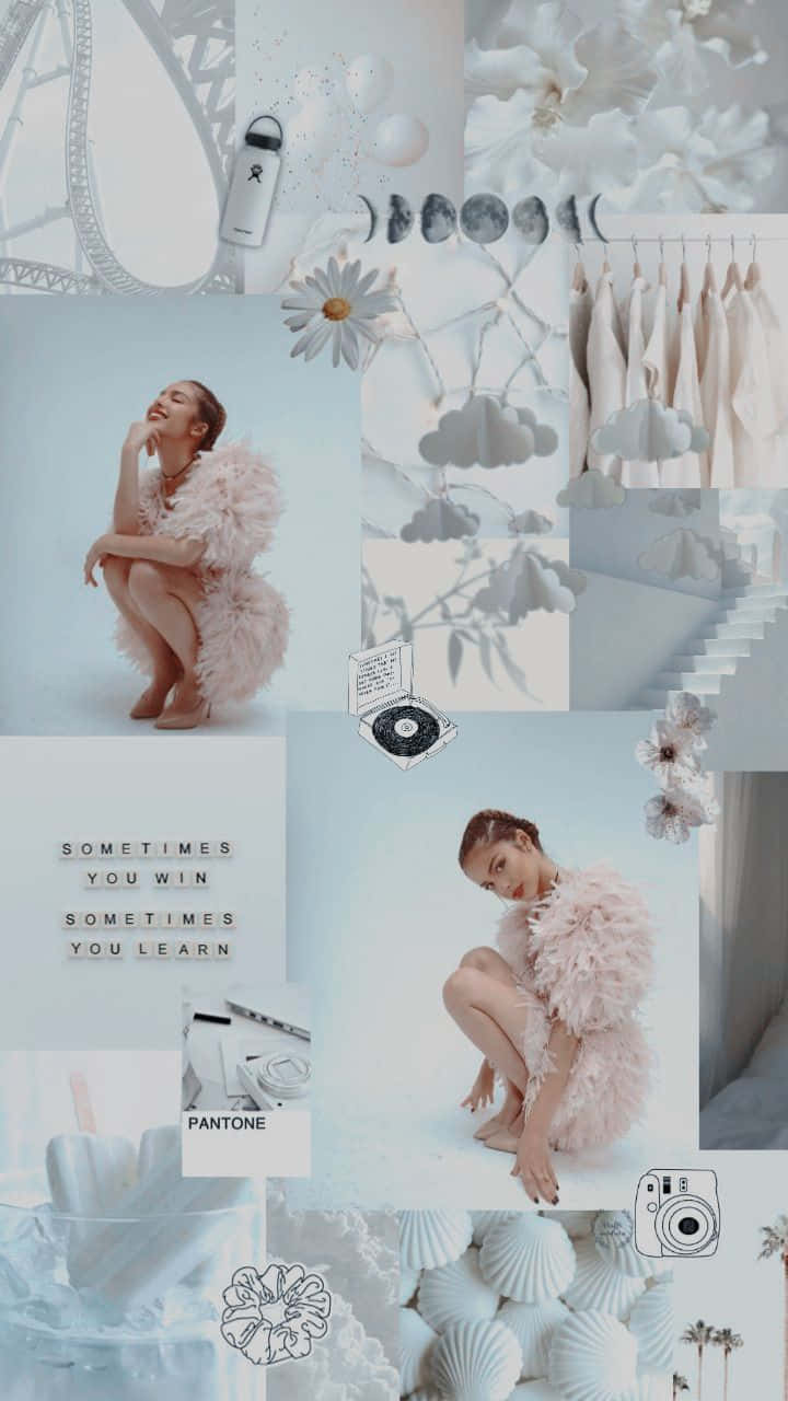 粉彩調拼貼畫，包含一位身穿蓬鬆粉色服裝的女性、時尚單品及裝飾元素。