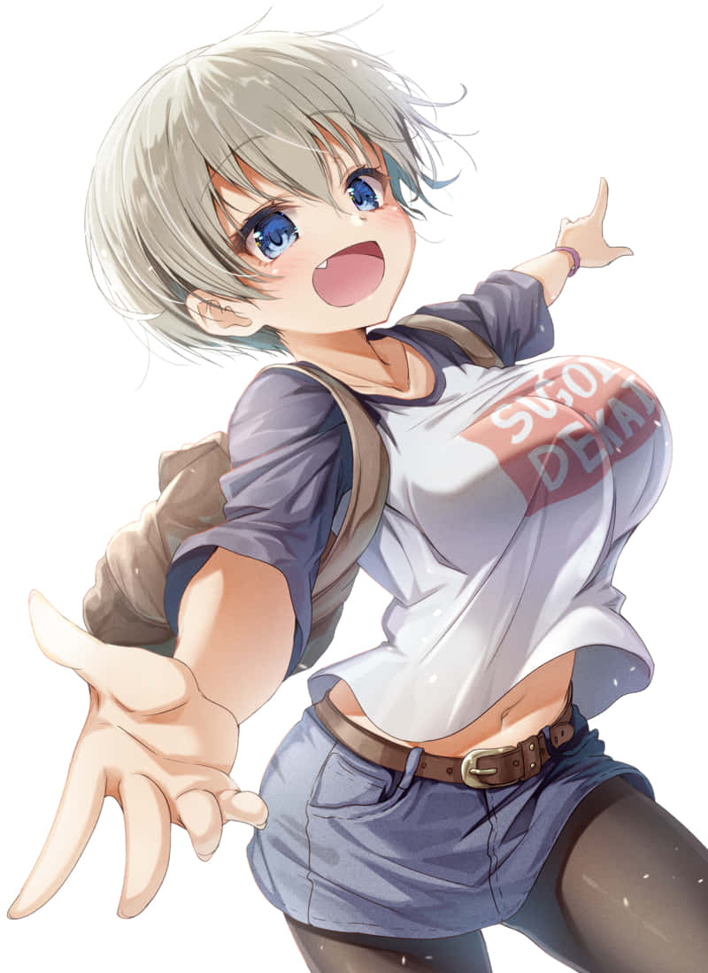 銀色頭髮和藍色眼睛的動漫女孩微笑著向觀眾伸手。