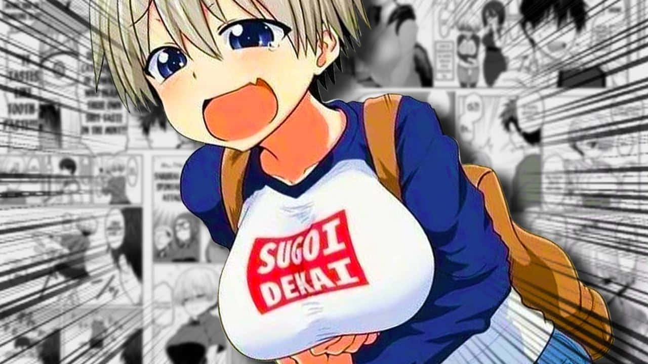 動畫男孩在漫畫風格背景中穿著「SUGOI DEKAI」襯衫。