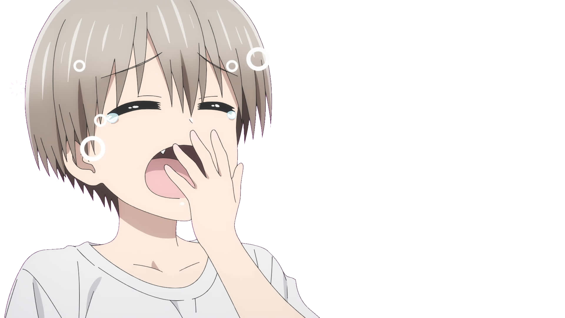 動漫男孩笑著，淚水和泡泡漂浮在臉龐周圍。