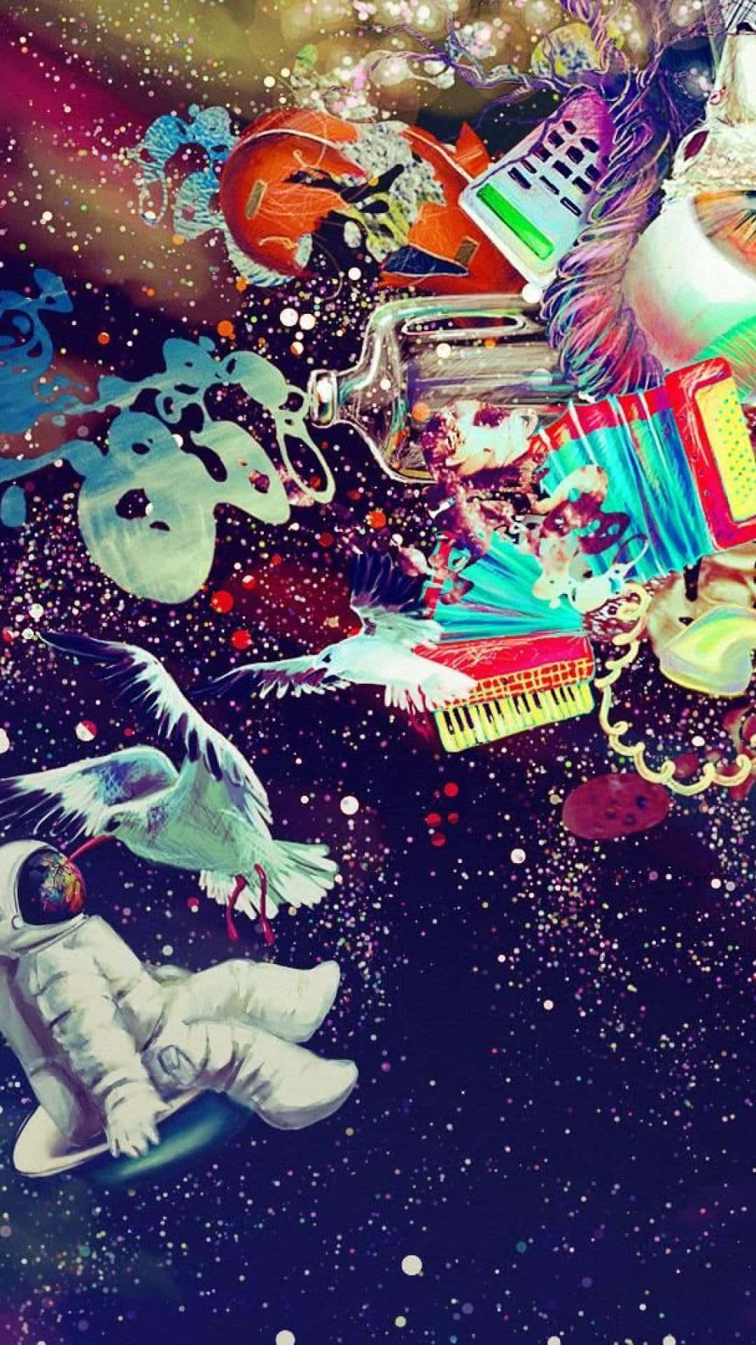 太空人和海鷗在星空宇宙場景中漂浮在樂器之間。