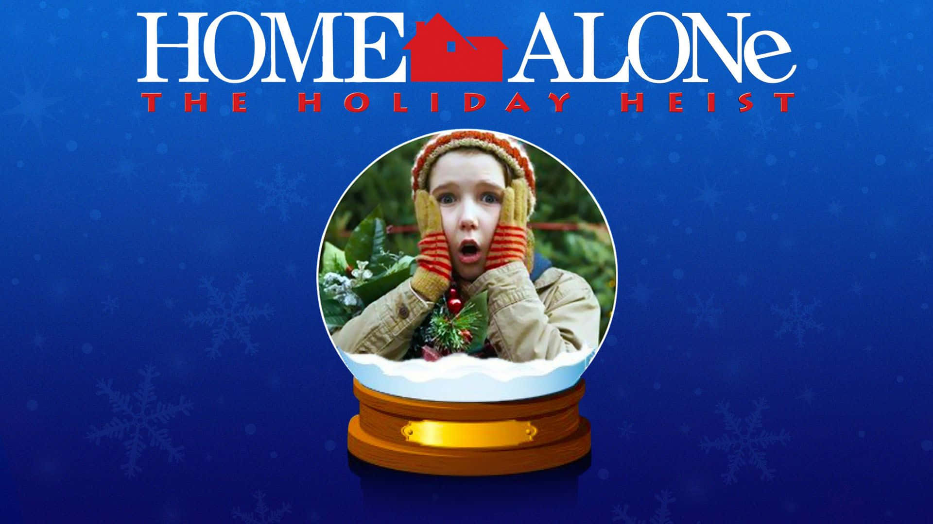 一個穿著冬季衣服的小孩在帶有「Home Alone」文字的雪球內看起來很驚訝。