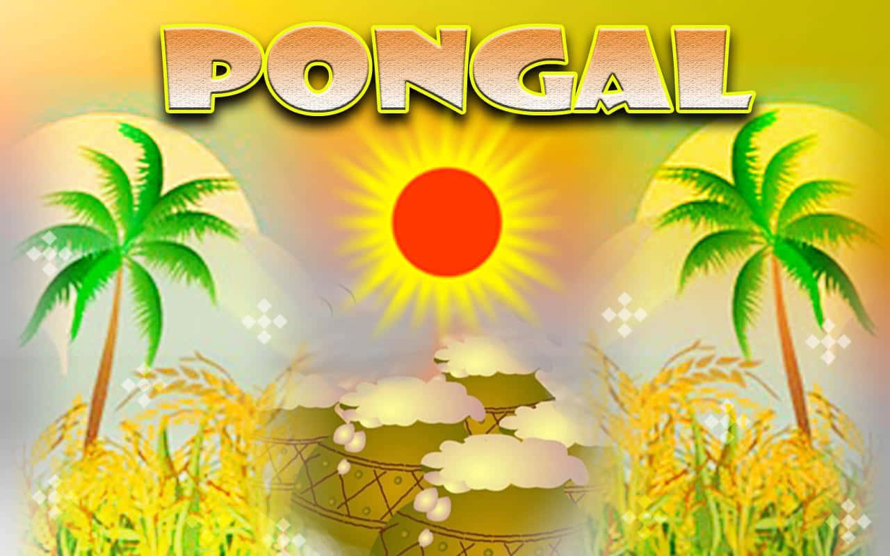 與家人朋友一同慶祝龐甘節的精神 壁紙 — 充滿活力的Pongal節日插圖，金色稻田、棕櫚樹和燦爛的太陽。