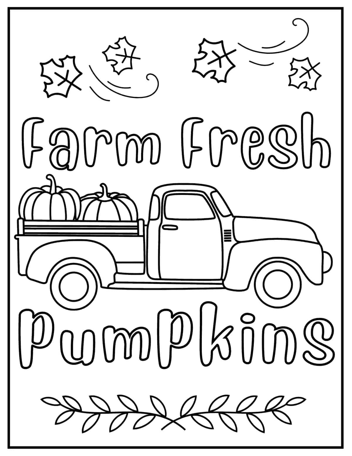 復古皮卡車載有南瓜，文字'Farm Fresh Pumpkins'和秋葉。