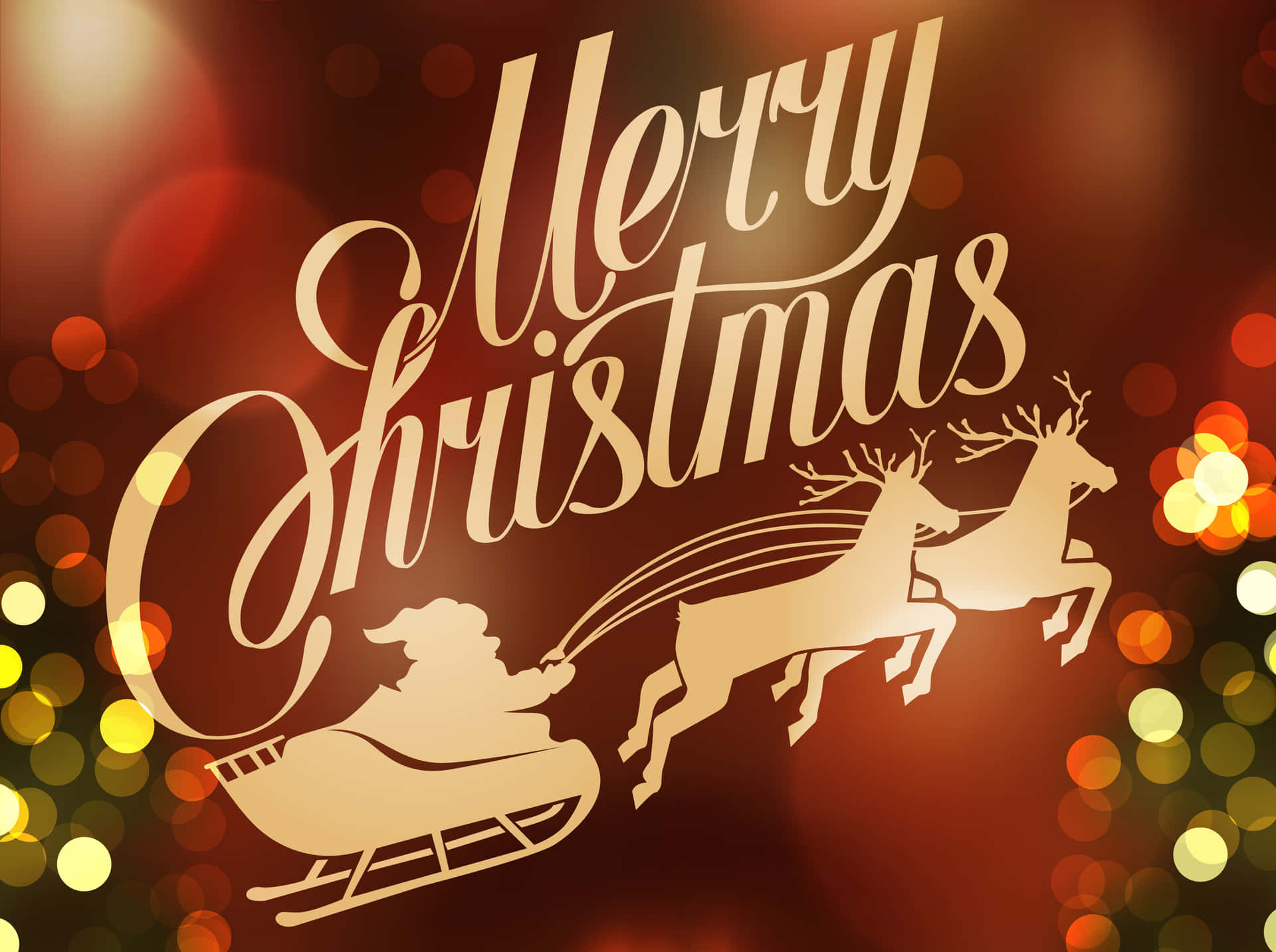 聖誕老人乘馴鹿拉雪橇，帶有 'Merry Christmas' 文字，背景是發光的燈光。