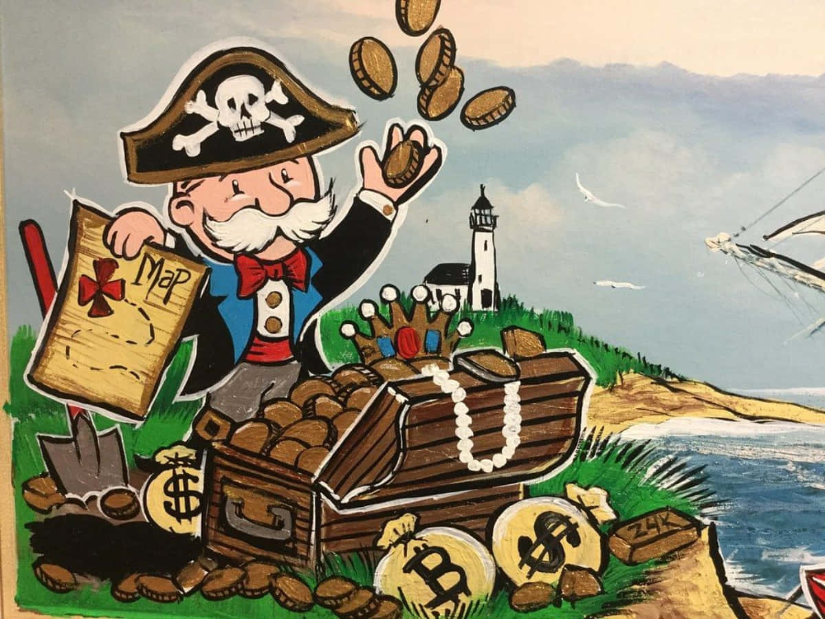 戴著骷髏帽的海盜在燈塔和鯨魚附近從寶箱中倒出金幣。