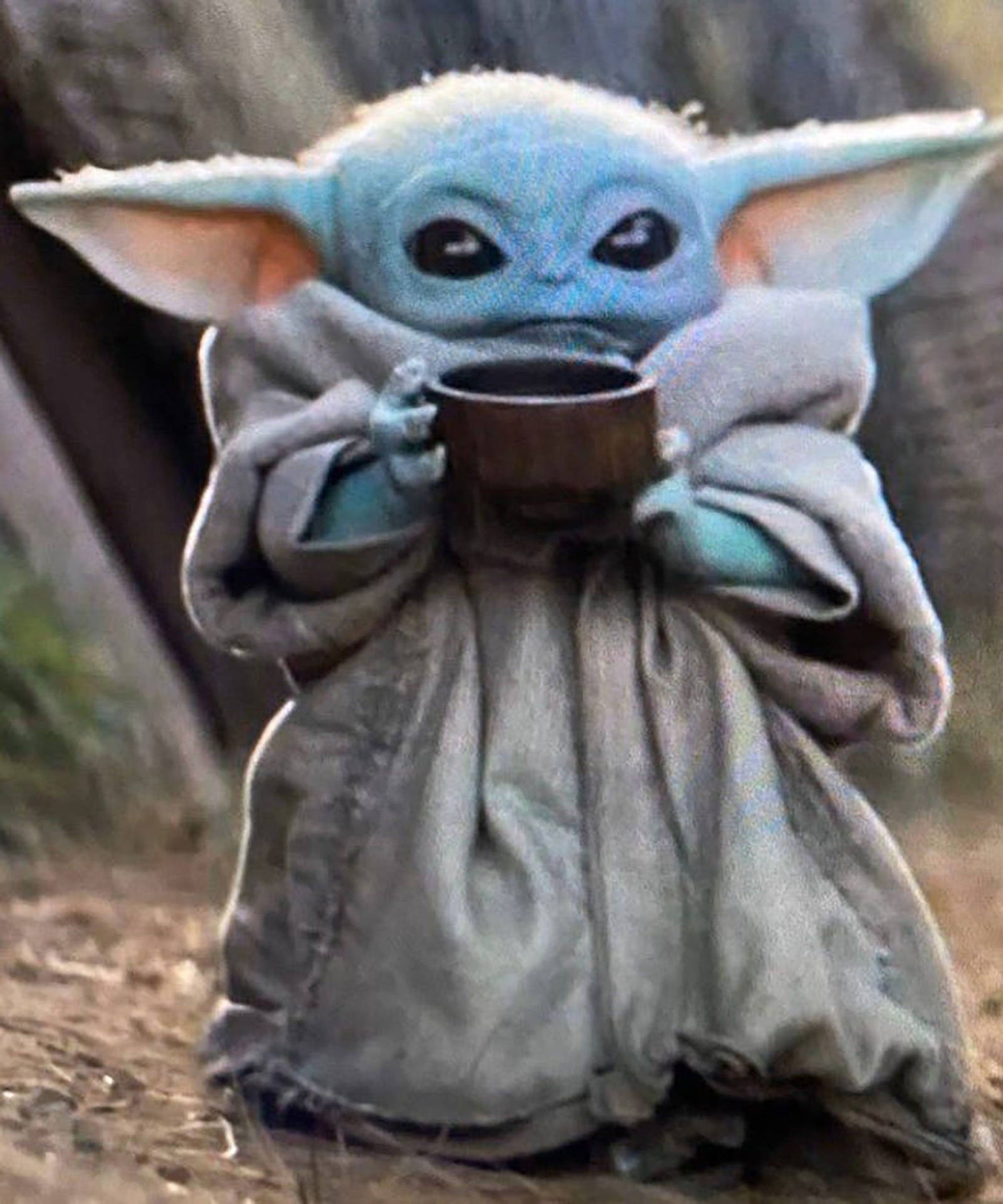 Baby Yoda 在戶外裹著灰色斗篷拿著杯子