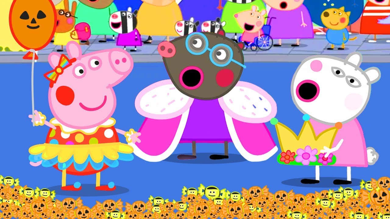 Peppa Pig 和朋友們穿著萬聖節服裝，帶著南瓜和氣球。