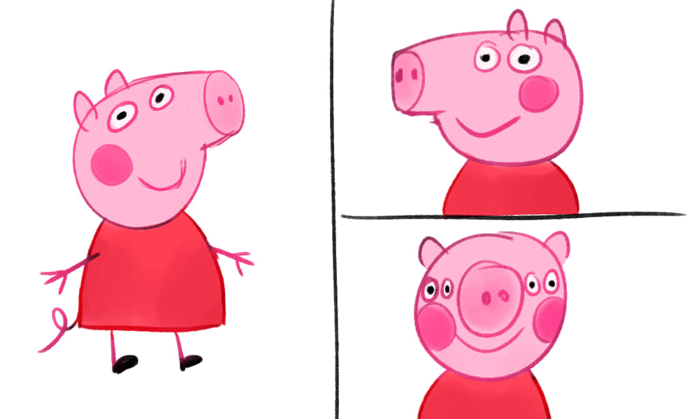 Peppa Pig 卡通角色在全身及分割視圖中微笑。
