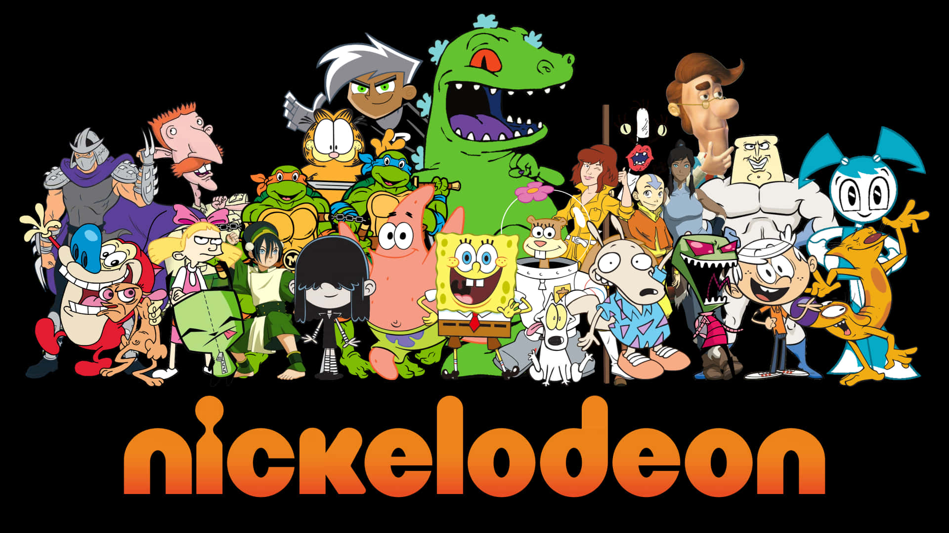 色彩繽紛的著名 Nickelodeon 卡通角色陣容，附有頻道標誌。