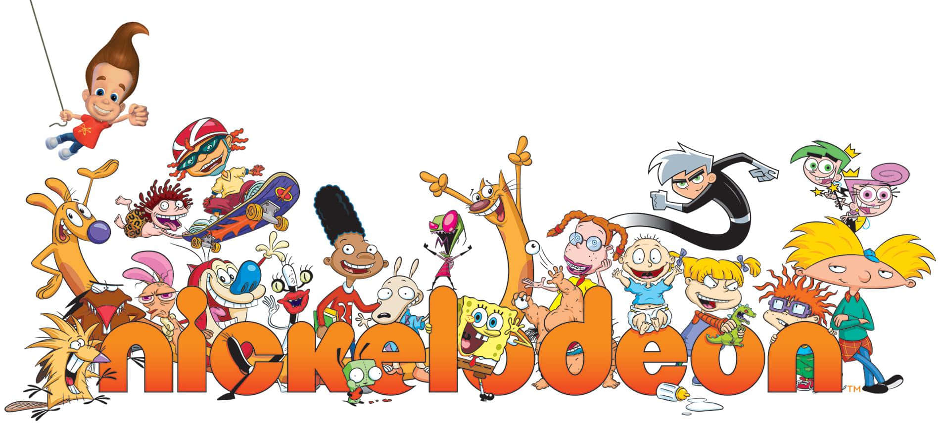 Nickelodeon 標誌被海綿寶寶和丹尼·幻影等熱門卡通角色包圍。