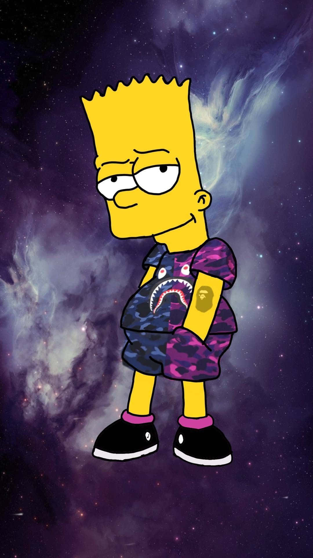 巴特·辛普森在太空穿著帶有鯊魚和BAPE標誌的紫色迷彩服。