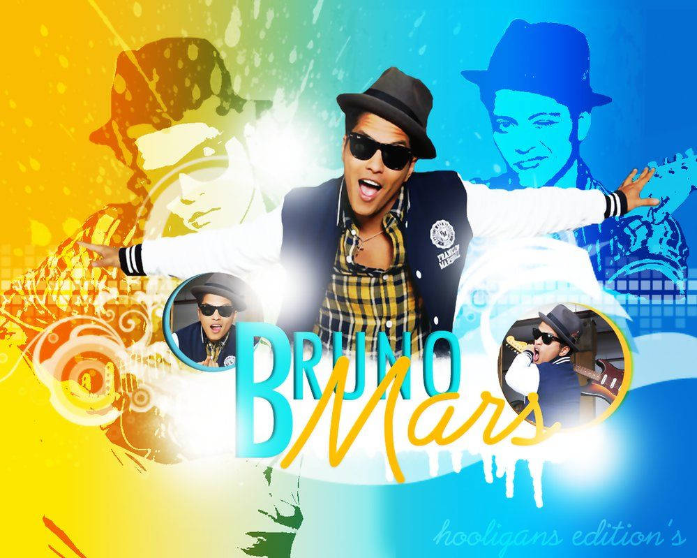 Bruno Mars 戴著太陽眼鏡和軟呢帽，配有彩色圖形疊加和圓形插圖。