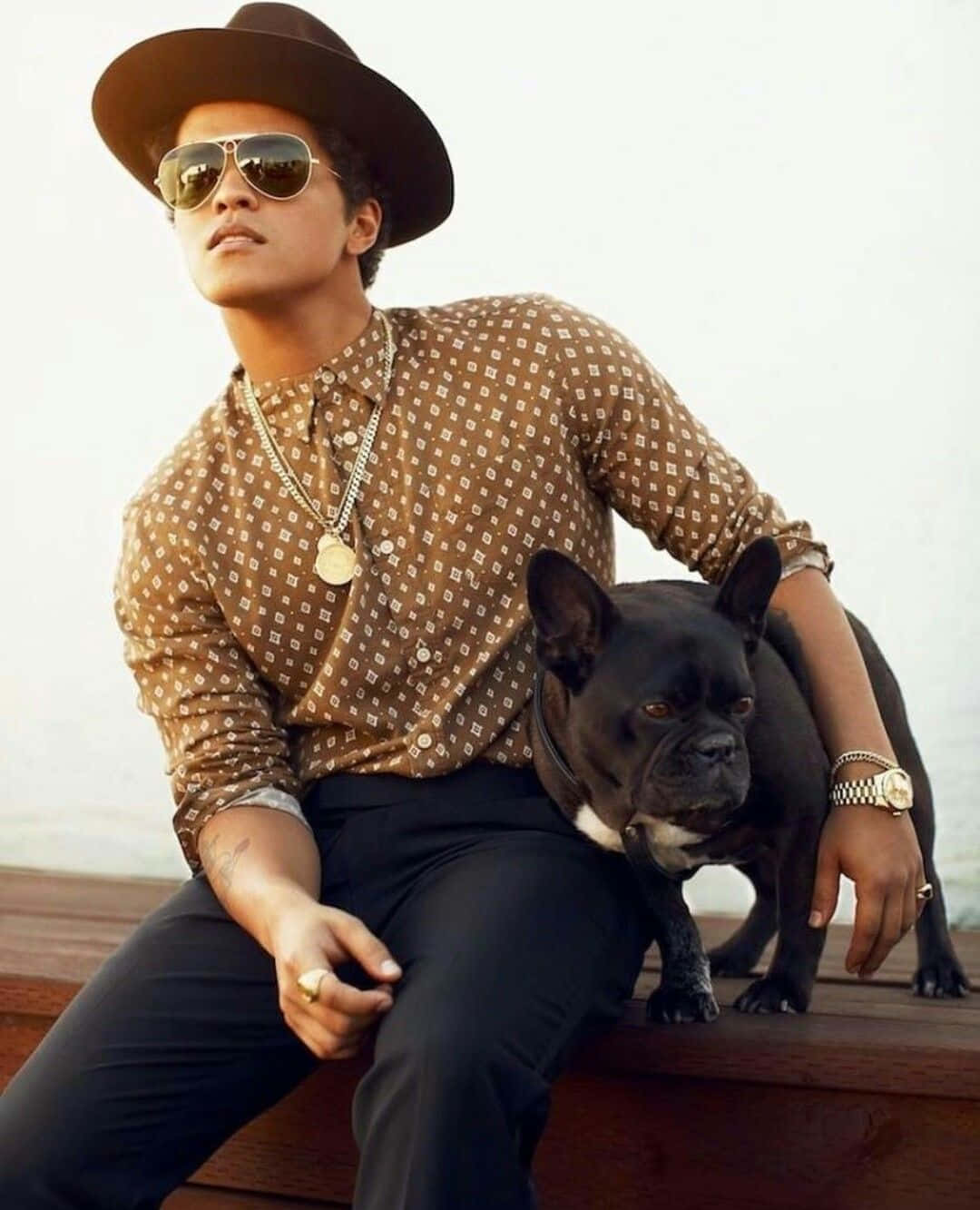 戴著紳士帽和太陽眼鏡的男士與黑色法國鬥牛犬坐在木碼頭上。