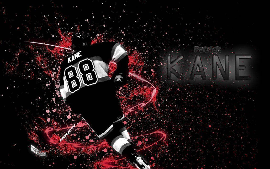 冰球運動員 Patrick Kane 在黑色背景上帶有紅色飛濺效果移動。