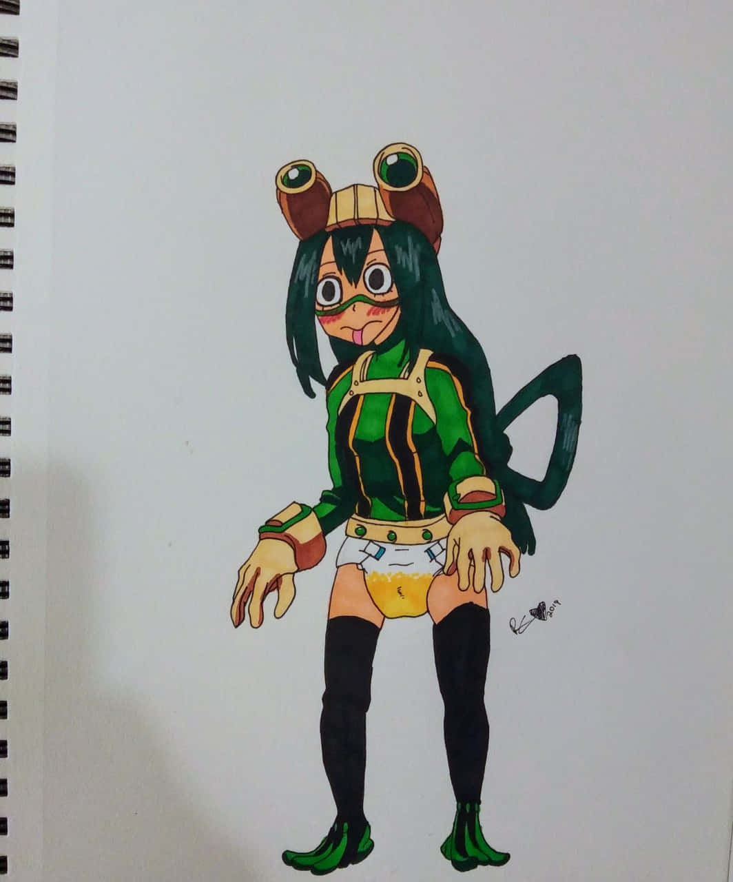 帶有青蛙特徵的動漫女孩，戴著綠色護目鏡和服裝，在筆記本頁面上。
