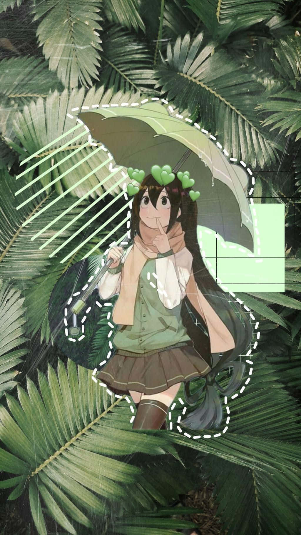 動漫女孩戴著心形髮飾在雨林中撐著綠色雨傘。