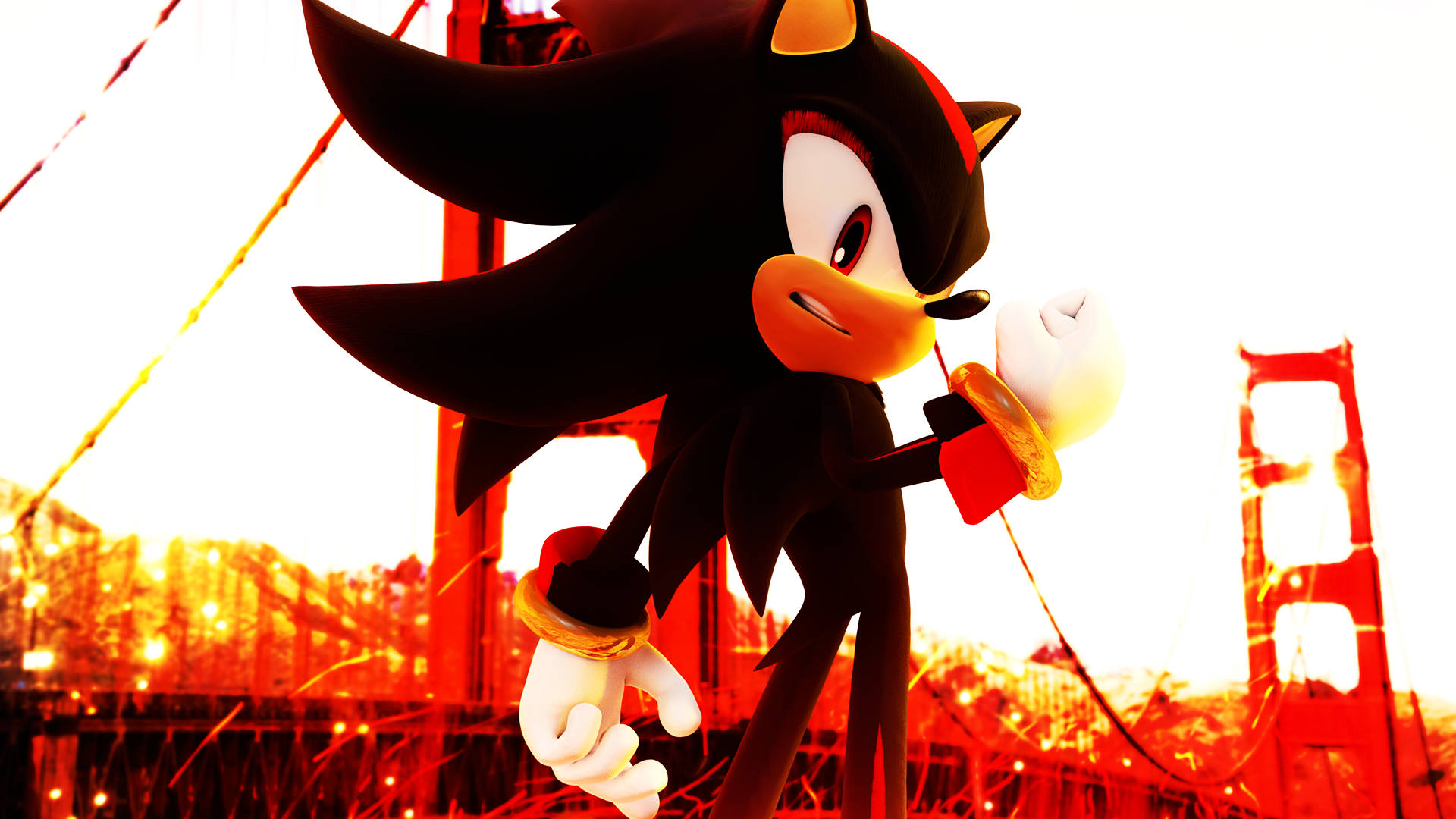 與影子刺猬的激烈時刻 壁紙 — Shadow the Hedgehog 自信地站在以金門大橋為背景的熾熱日落前。