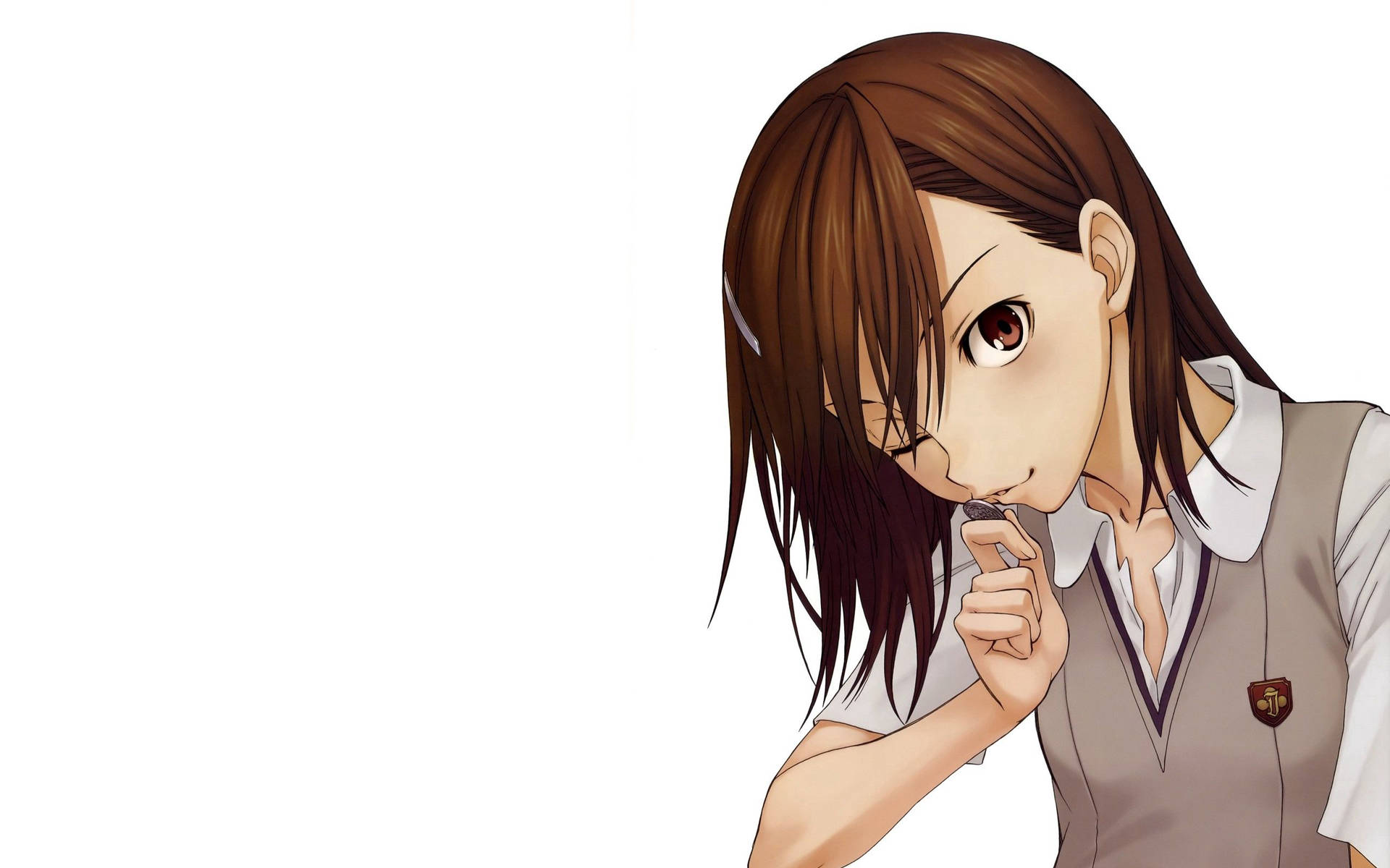 動漫女孩穿著校服在白色背景上托腮思考