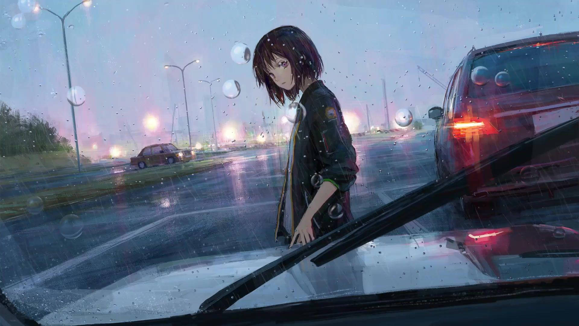 動漫女孩在雨夜城市中站在車旁，有漂浮的氣泡。