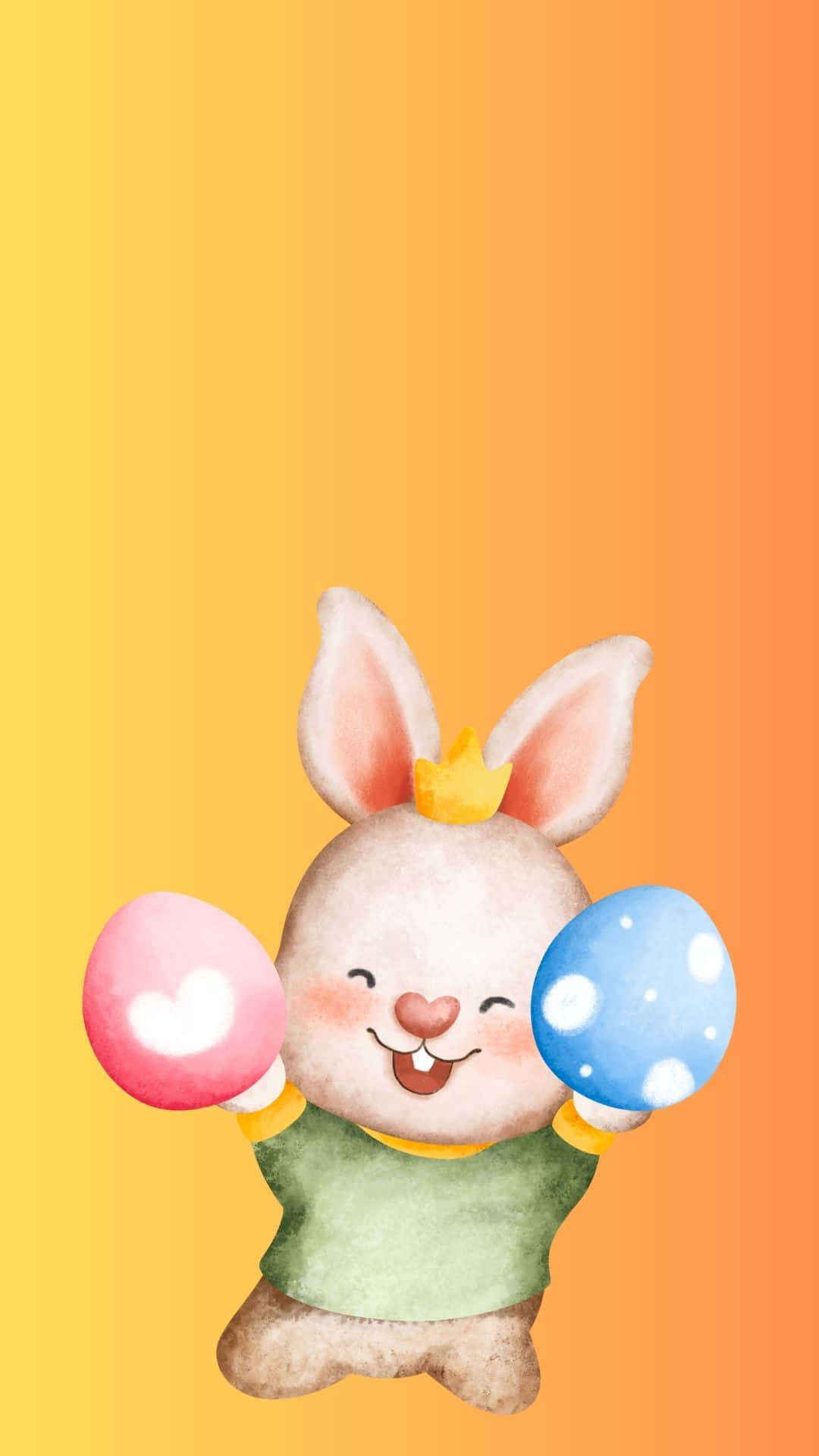 與復活節兔兔一同慶祝復活節 壁紙 — 一隻戴著小皇冠的快樂水彩兔子，在溫暖的漸變背景上拿著粉紅色和藍色的復活節彩蛋。