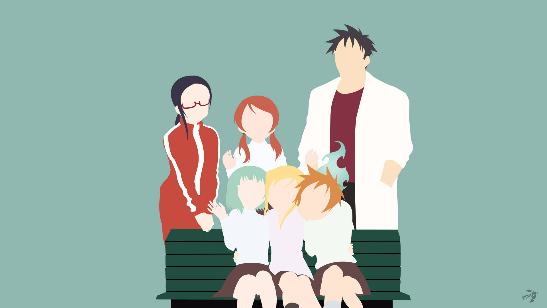 《與怪物女孩的對話》光老師極簡動漫 壁紙 — 一個極簡風格的動畫五口之家，一起坐在綠色長椅上，背景是純青色。