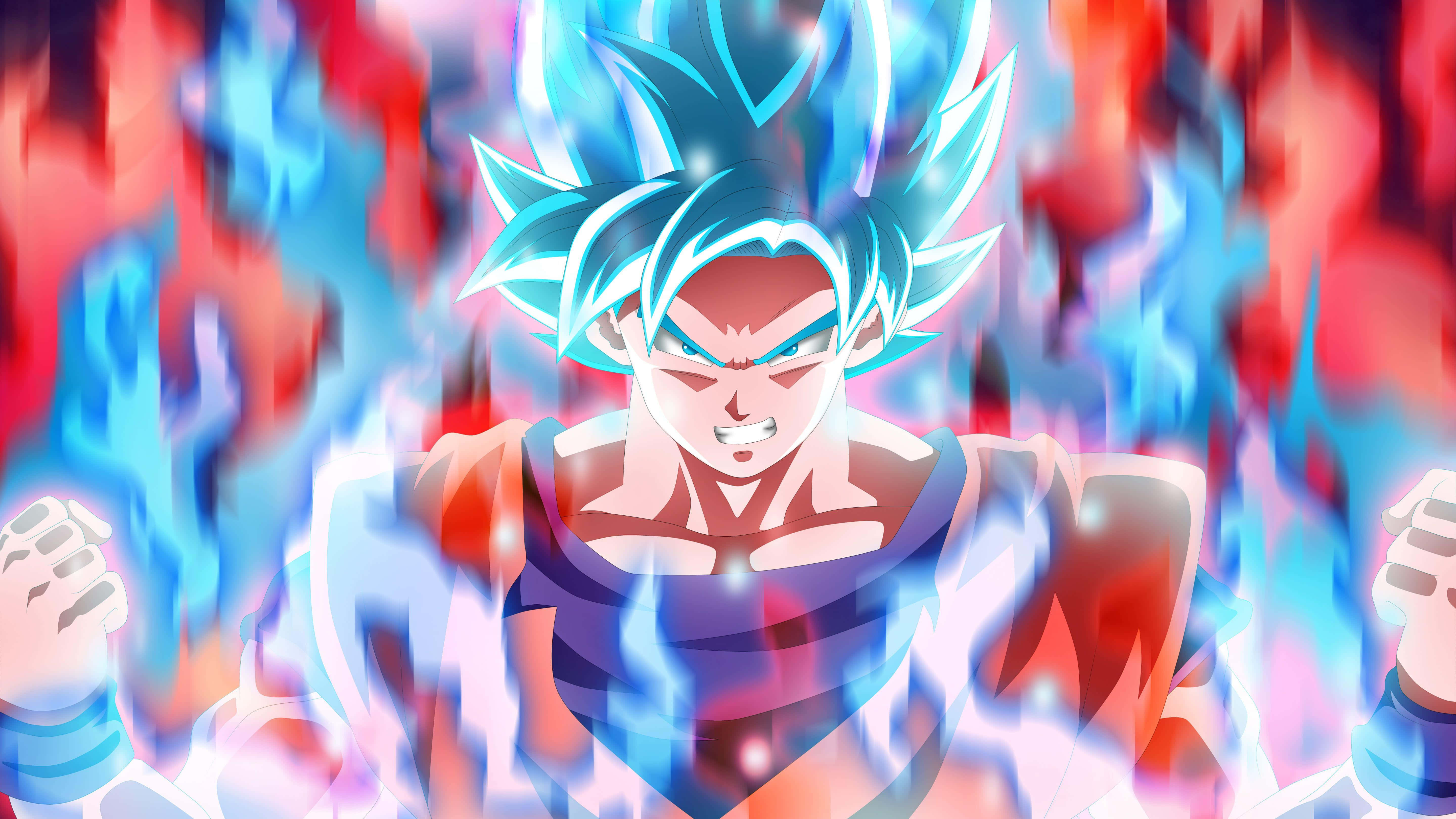 與悟空一同釋放「界王拳」！ 壁紙 — 一個強大的動漫角色，擁有尖刺的藍色頭髮和發光的光環，以動態姿勢站在火紅和藍色的背景前。