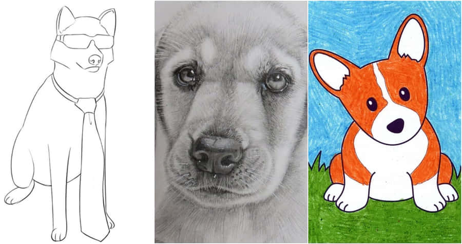 與愛犬輕鬆出遊 壁紙 — 三隻狗插圖並排：一隻戴領帶的線條藝術狗、一隻小狗臉部的逼真鉛筆素描，以及一隻在草地上的彩色卡通哥基犬。