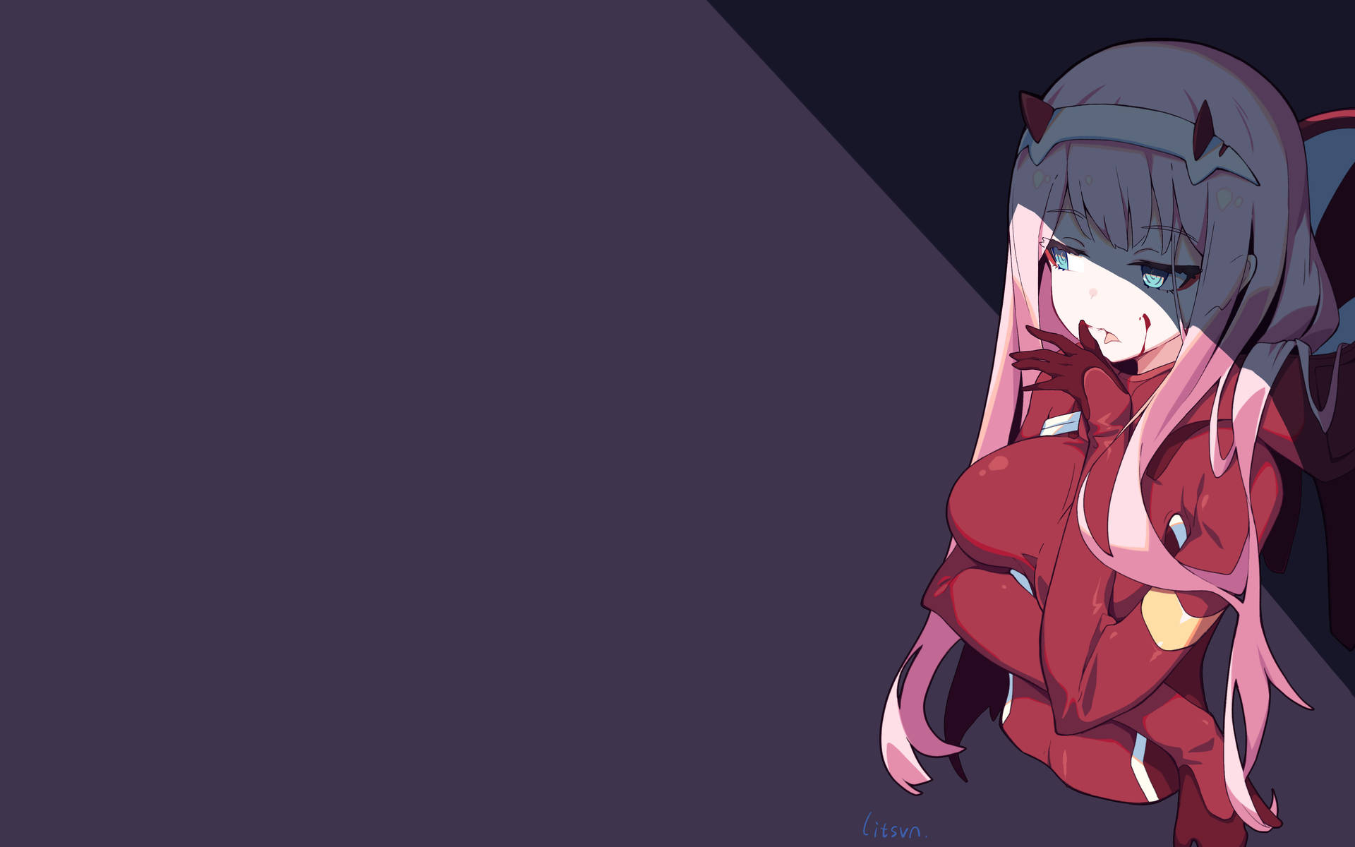 粉紅色頭髮和惡魔角的動漫女孩，深紫色背景。