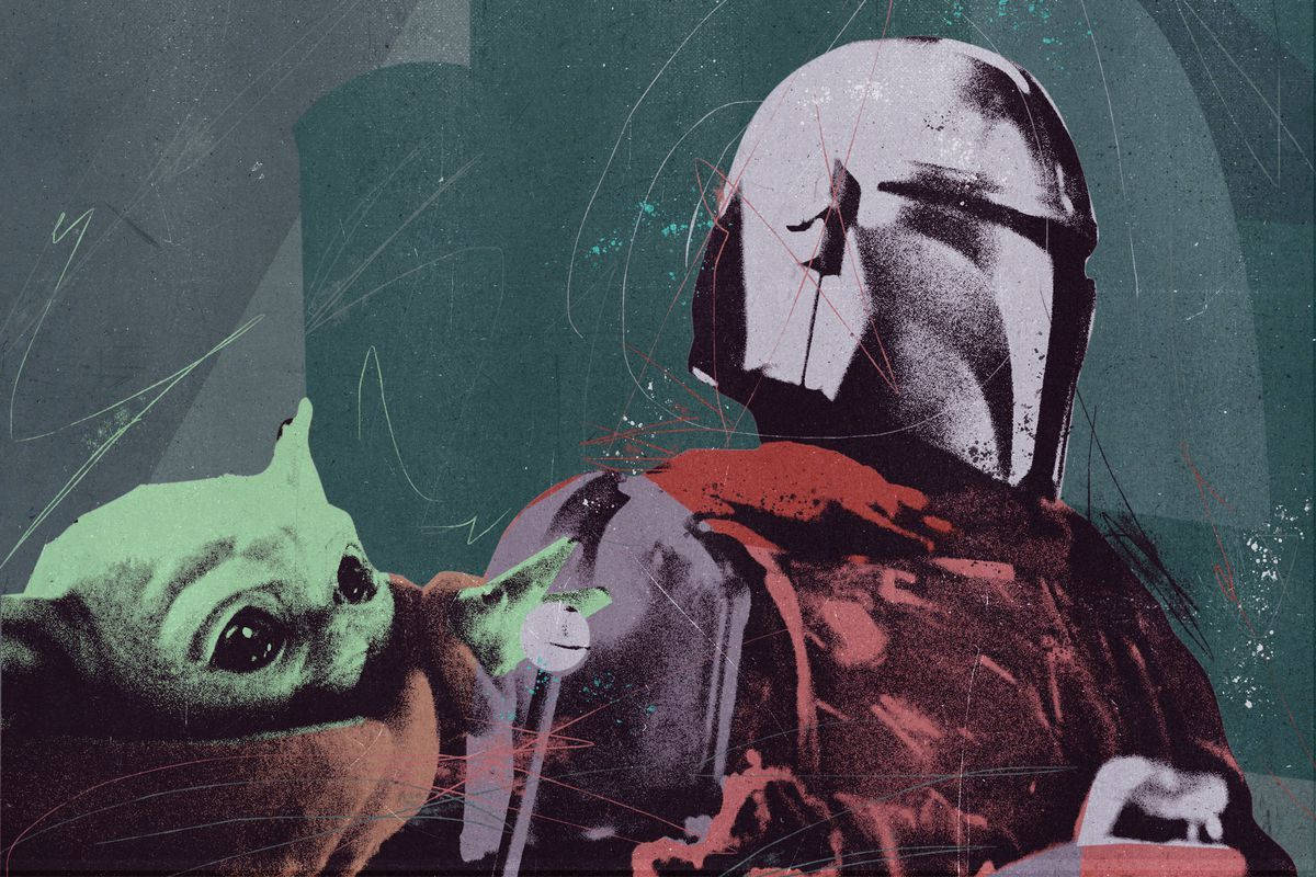 Grogu 和 The Mandalorian 的風格化數位插圖，帶有青綠色和紅色色調。
