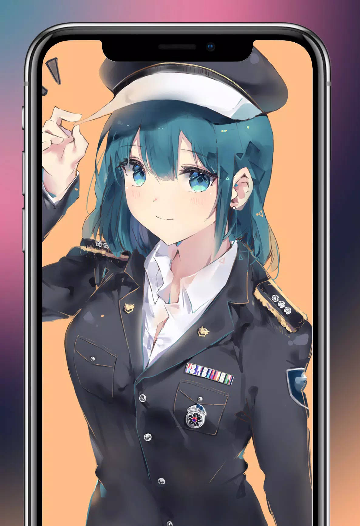 動漫女孩穿著海軍制服在手機屏幕上調整帽子