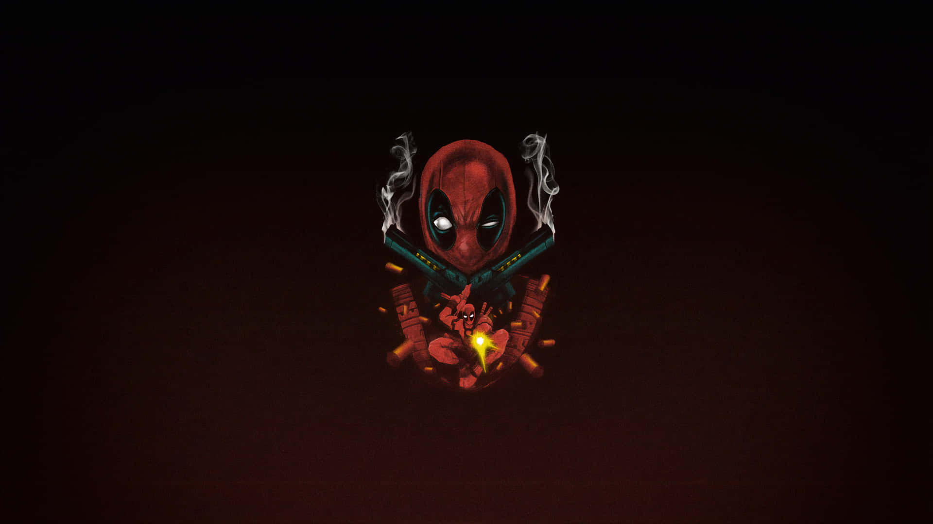 Chibi Deadpool 手持發光心臟，身後交叉的槍支冒出煙霧。