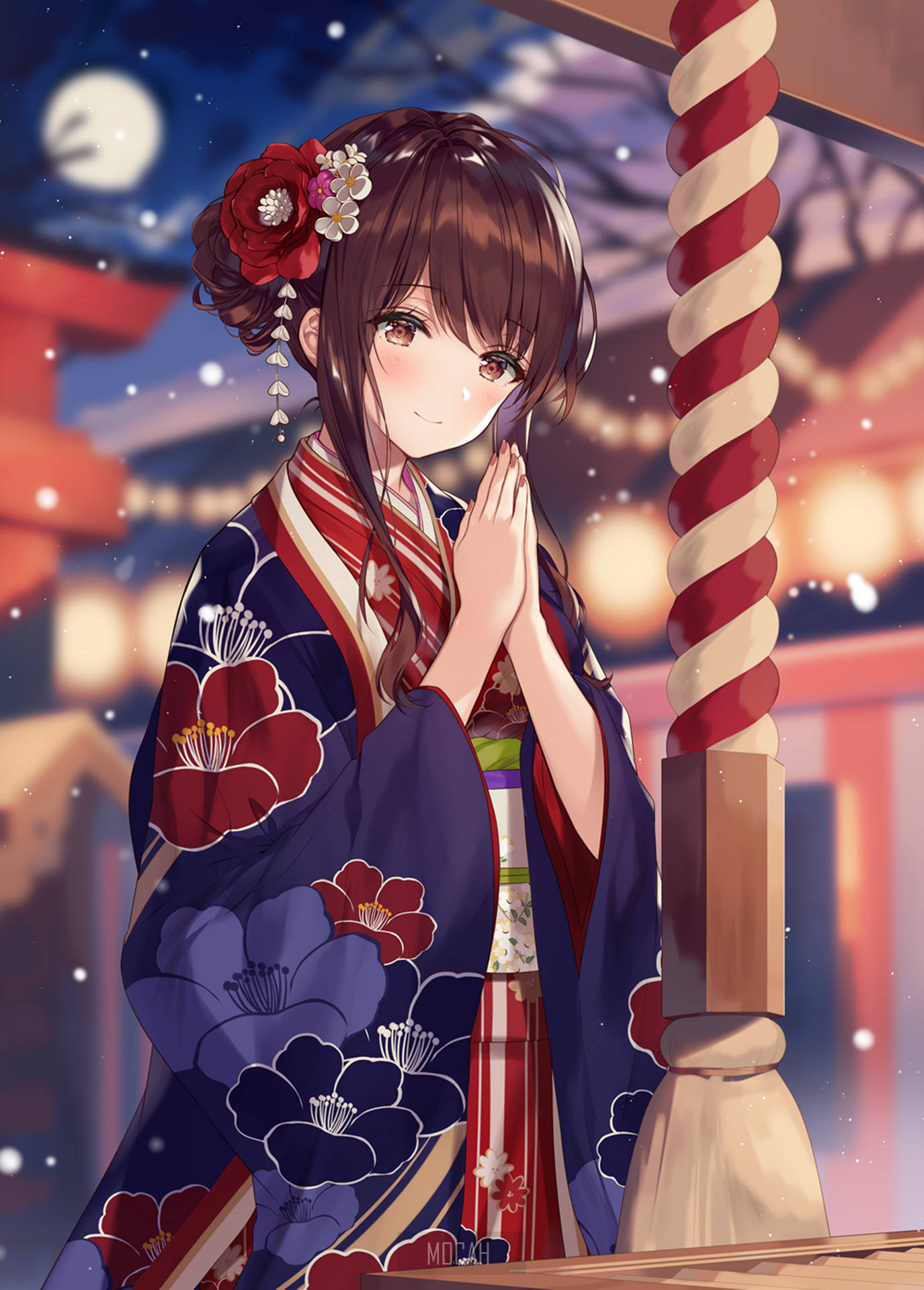 動漫女孩穿著和服在月光下神社祈禱