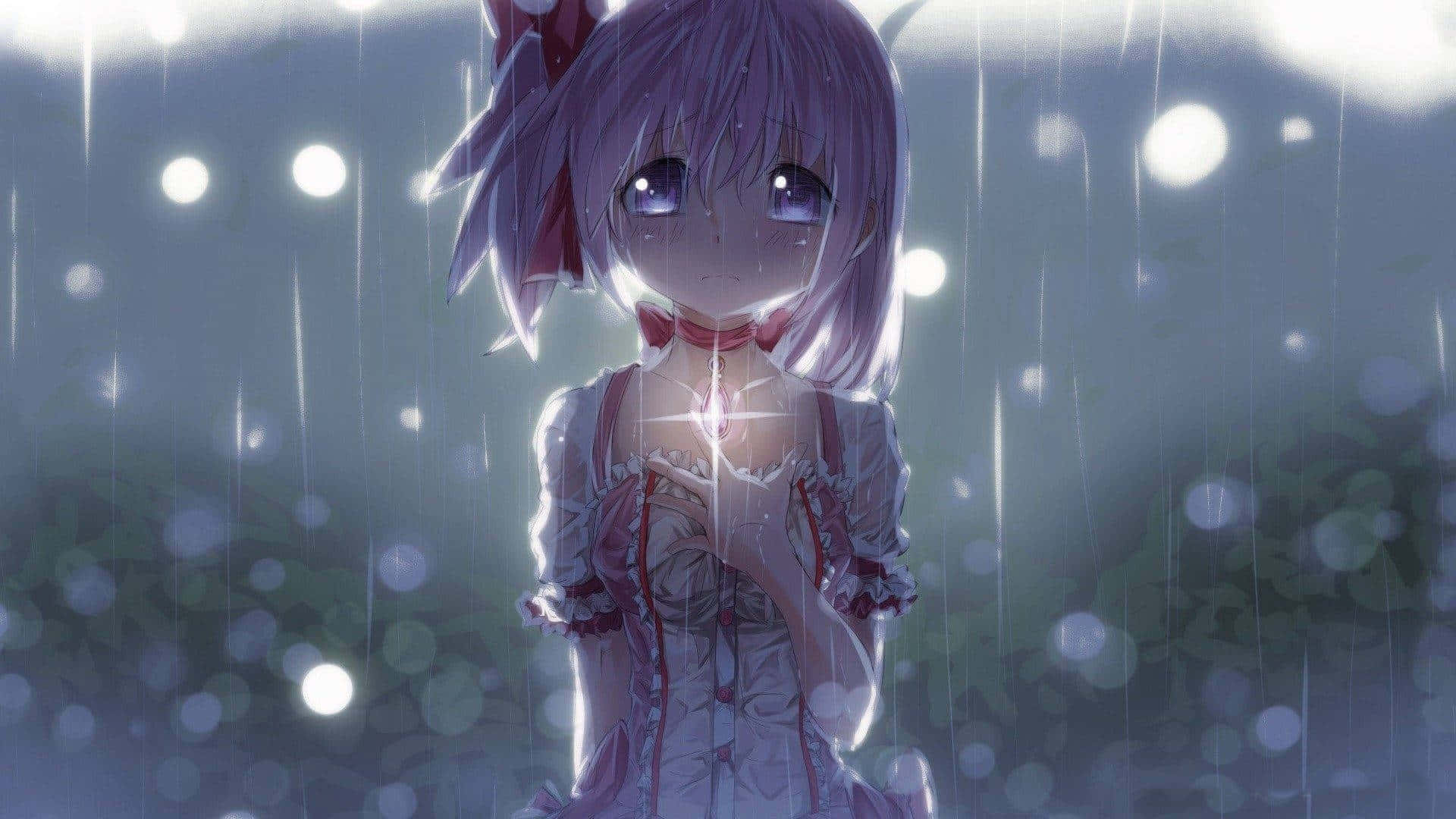與抑鬱奮鬥 壁紙 — 一位紫髮動漫女孩穿著白色連衣裙，站在雨中，背景有發光的燈光和柔和散景。