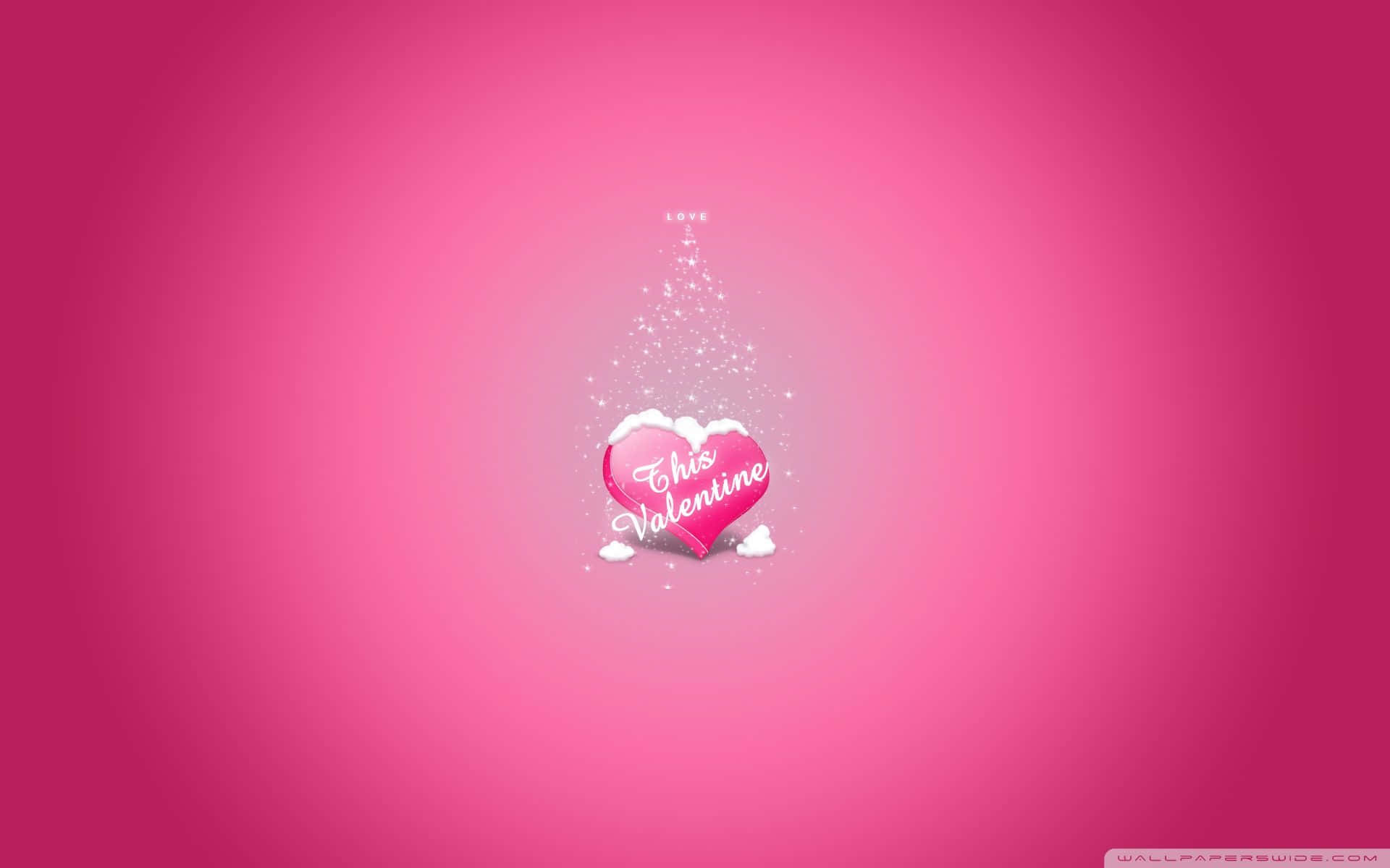 一個粉紅色心形，帶有「This Valentine」文字和閃爍效果，背景為粉紅色漸變。