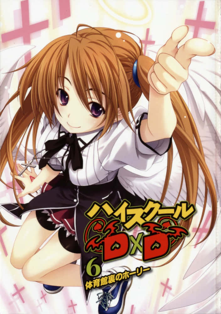穿著校服、擁有天使翅膀的動漫女孩開心地指著。