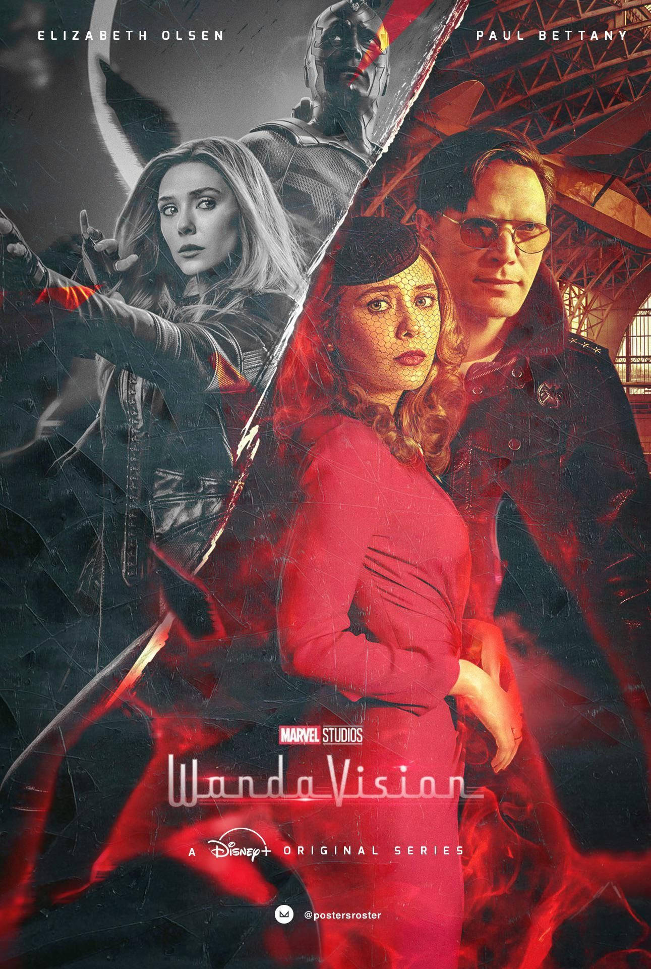 Wanda Vision 海報，三個角色在碎裂的紅黑場景中。